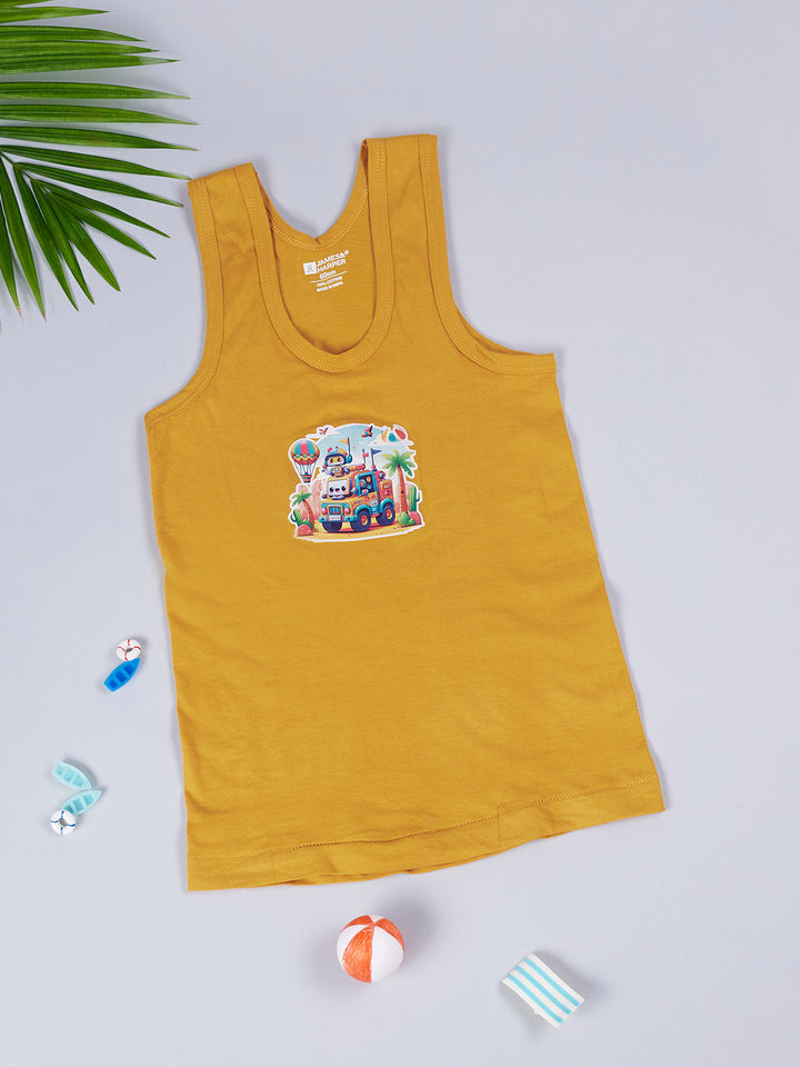 Boy's Graphic Print Round-Neck Vests (Golden Yellow)