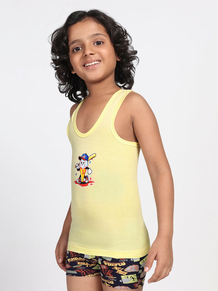 Boy's Graphic Print Round-Neck Vests (Light Lemon)