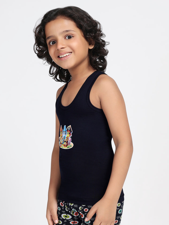 Boy's Graphic Print Round-Neck Vests (Navy Blue)