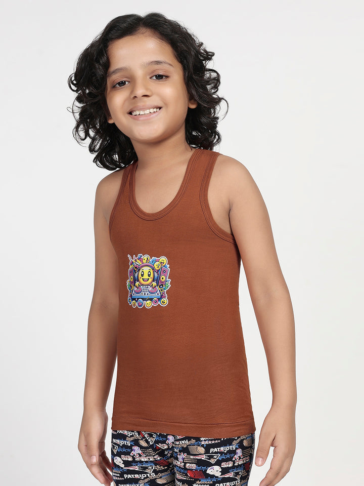 Boy's Graphic Print Round-Neck Vests (Rust Brown)