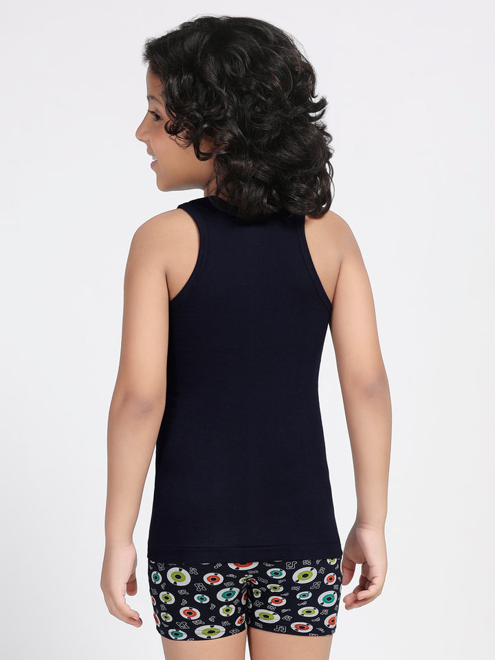 Boy's Graphic Print Round-Neck Vests (Navy Blue)