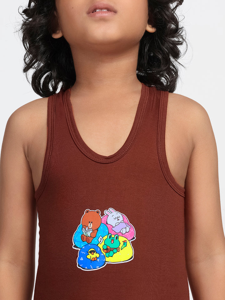 Boy's Graphic Print Round-Neck Vests (Chocolate Brown)
