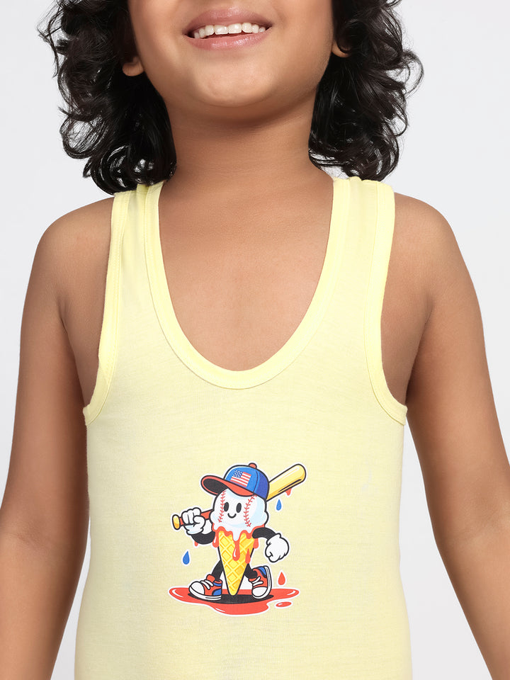 Boy's Graphic Print Round-Neck Vests (Light Lemon)