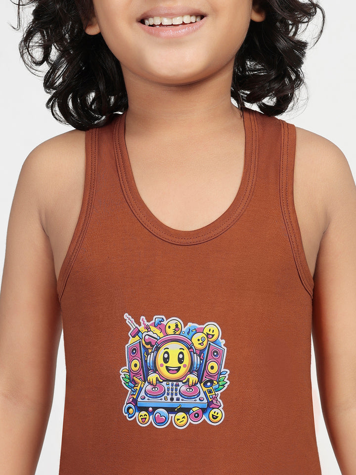 Boy's Graphic Print Round-Neck Vests (Rust Brown)