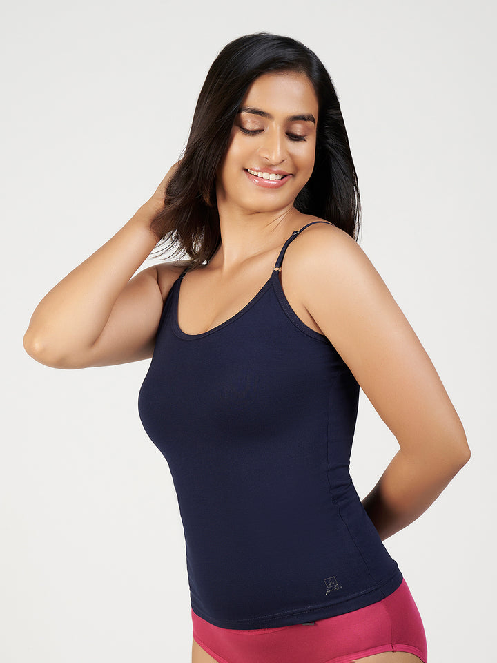 Women's Combed Cotton Spandex Camisole with Adjustable Straps (Navy Blue)