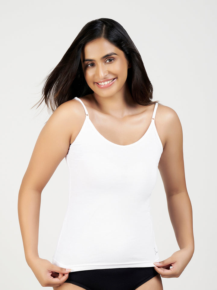 Women's Combed Cotton Spandex Camisole with Adjustable Straps (White)