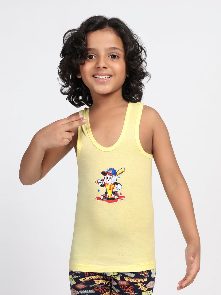 Boy's Graphic Print Round-Neck Vests (Light Lemon)