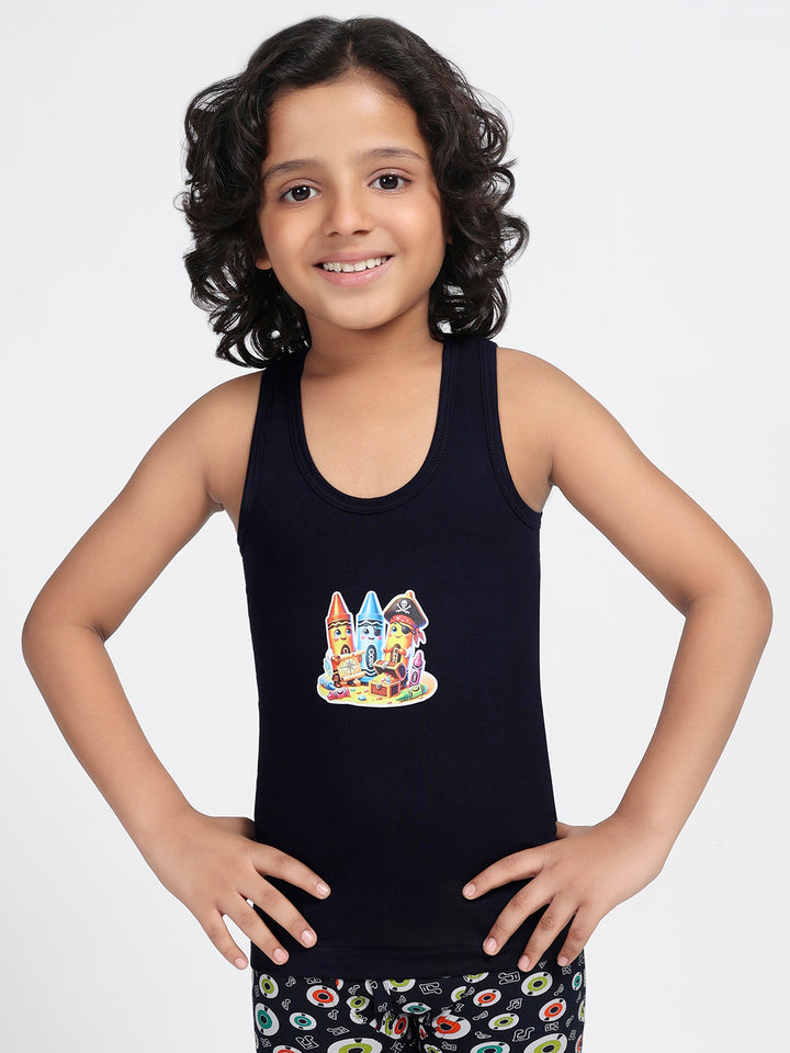 Boy's Graphic Print Round-Neck Vests (Navy Blue)