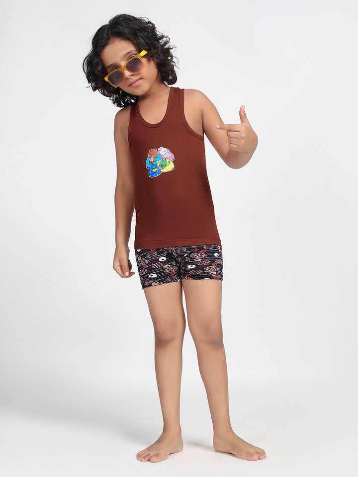 Boy's Graphic Print Round-Neck Vests (Chocolate Brown)