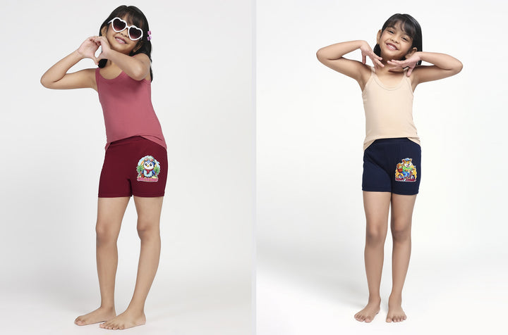 Girl's Combed Cotton Bloomer With Soft Elastane Belt and Folded Bottom (Maroon+Navy Blue)