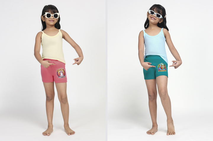 Girl's Combed Cotton Bloomer With Soft Elastane Belt and Folded Bottom (Green+Coral)