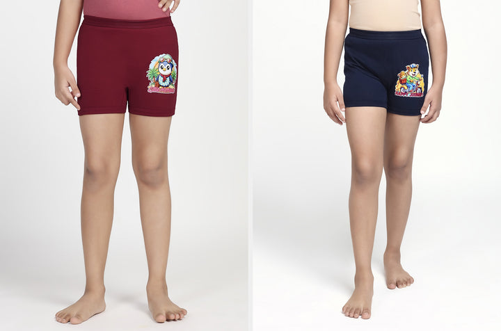 Girl's Combed Cotton Bloomer With Soft Elastane Belt and Folded Bottom (Maroon+Navy Blue)