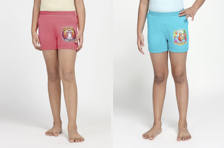 Girl's Combed Cotton Bloomer With Soft Elastane Belt and Folded Bottom (Green+Coral)