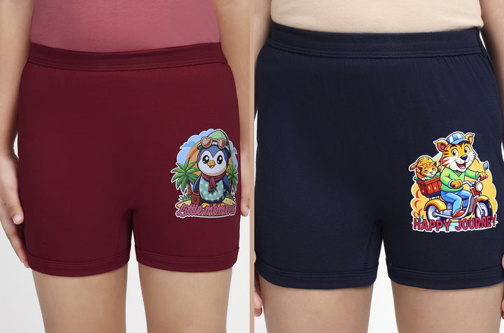 Girl's Combed Cotton Bloomer With Soft Elastane Belt and Folded Bottom (Maroon+Navy Blue)