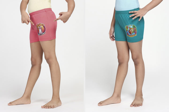 Girl's Combed Cotton Bloomer With Soft Elastane Belt and Folded Bottom (Green+Coral)